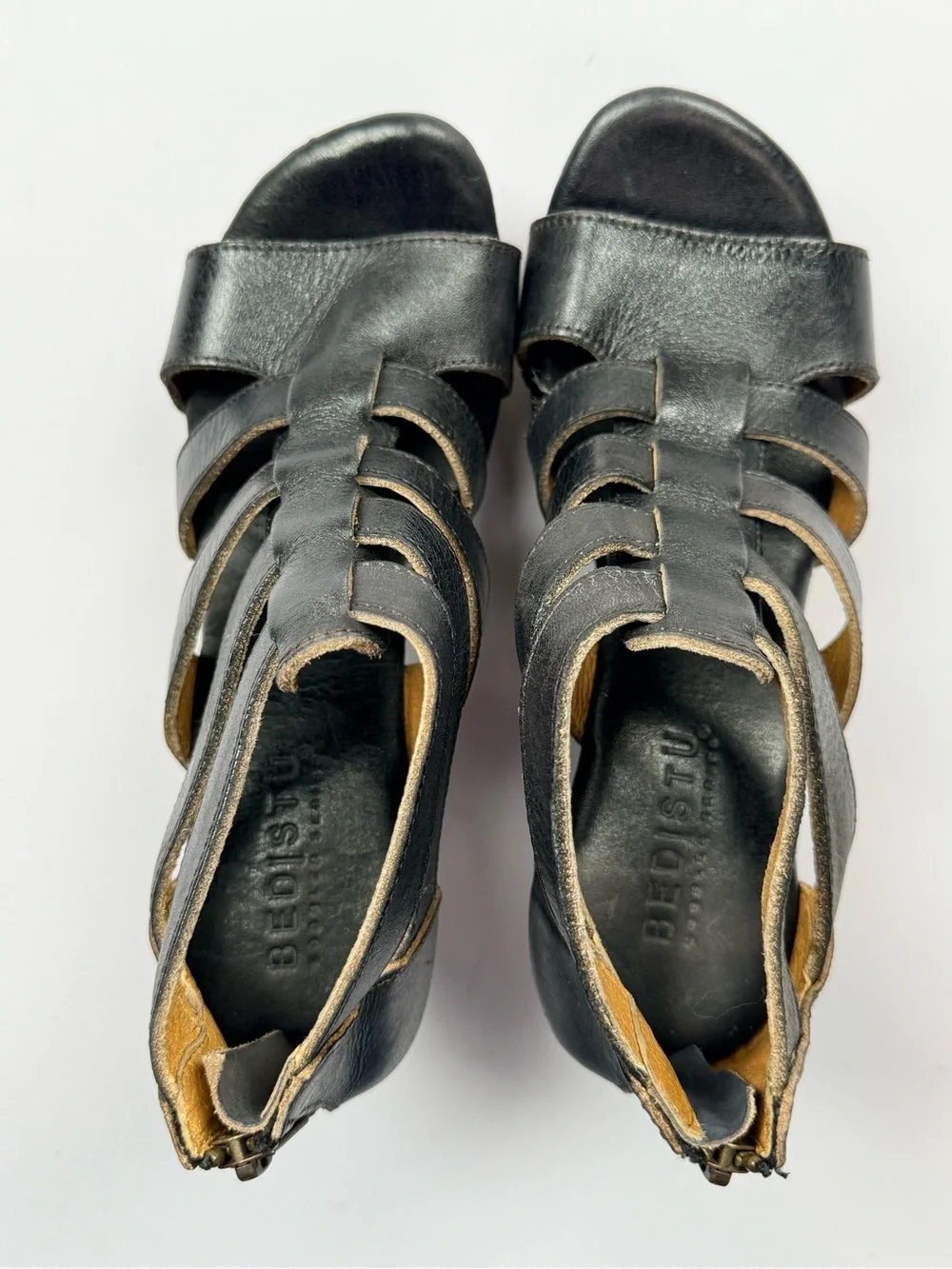 Bed|Stu Black Leather Platform Sandals Wooden Heel Gladiator Size 7 Made Mexico